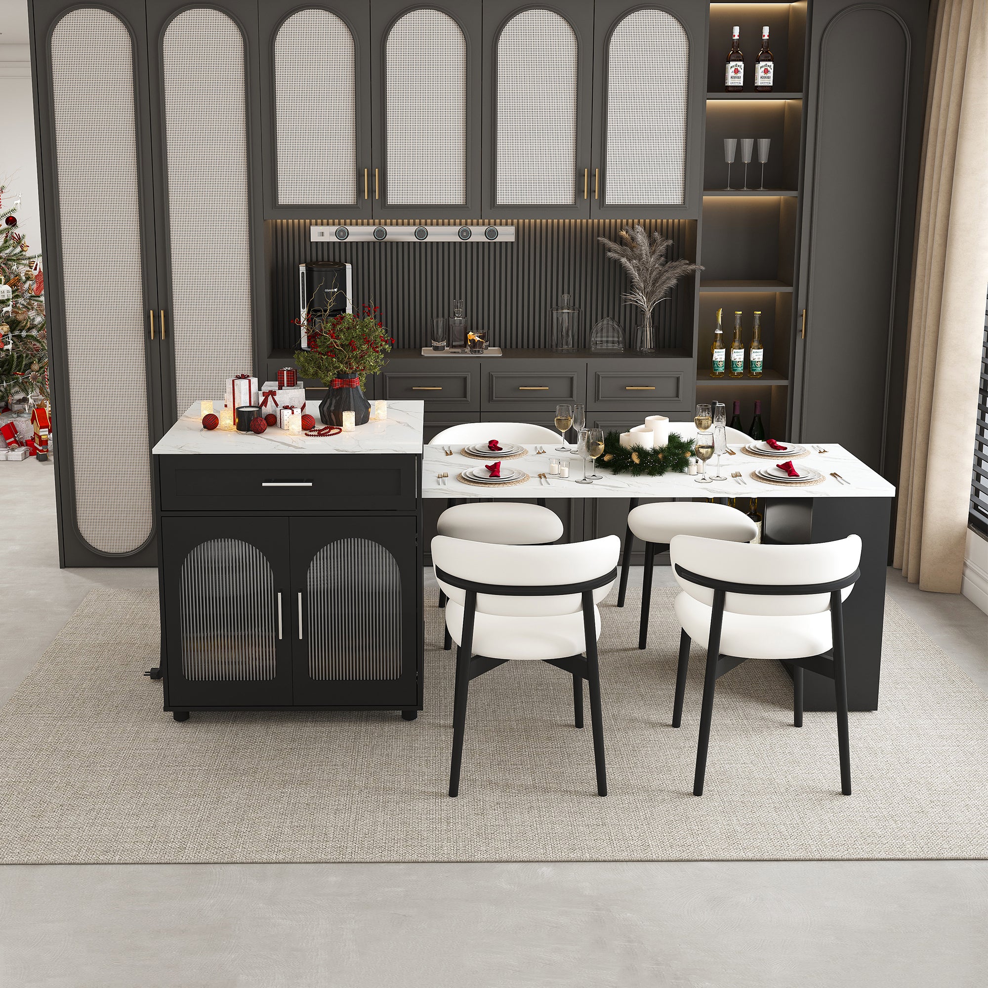 Anthony & Home Studio Marble-Grain Countertop Expandable Kitchen Island with wooden base and spacious surface for food prep and dining.