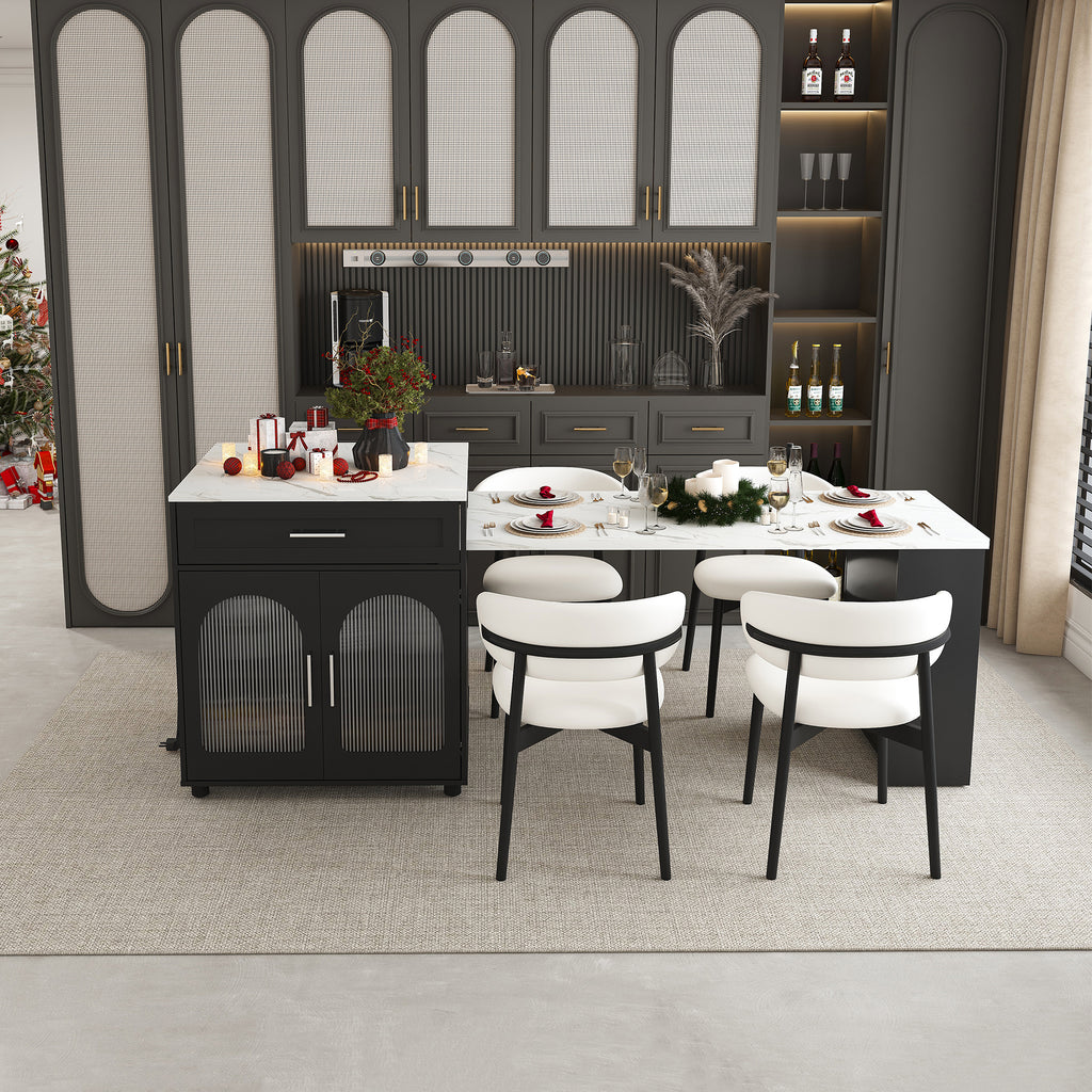 Black Expandable Kitchen Island with Marble - Grain Countertop, Power Outlet, Mobile Storage Cart with Cabinet & 2 Drawers, 80 - Inch Dining Table - Anthony & Home