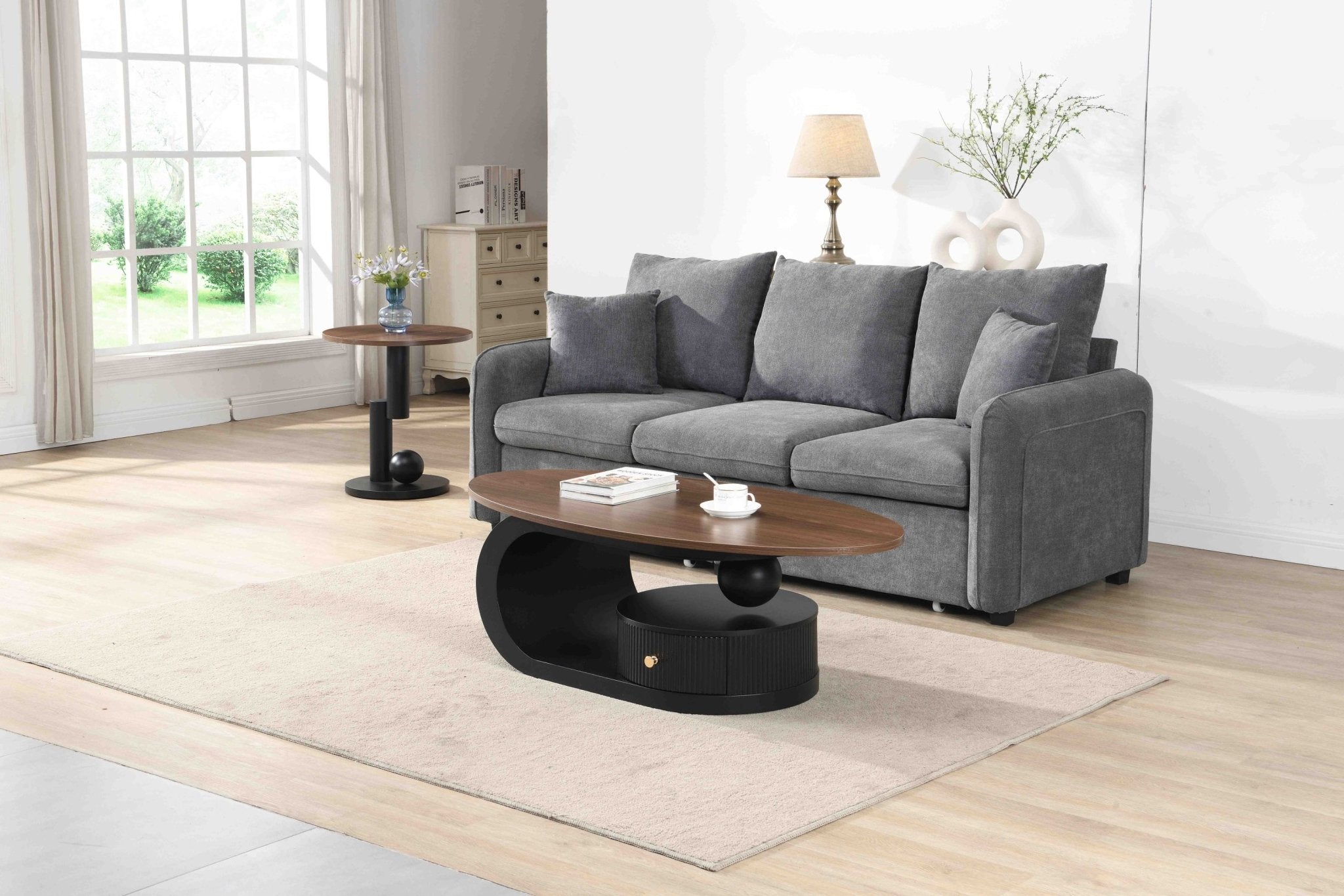 Anthony & Home black iron frame nesting coffee tables set with natural wood tops, two-piece modern living room furniture.