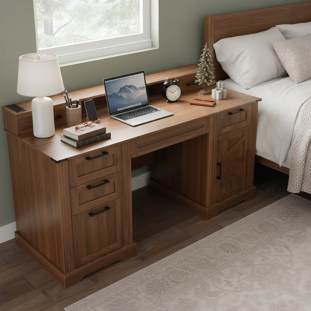 Anthony & Home Atelier dark walnut farmhouse office desk with barn door, built-in monitor stand and charging station, wood finish.