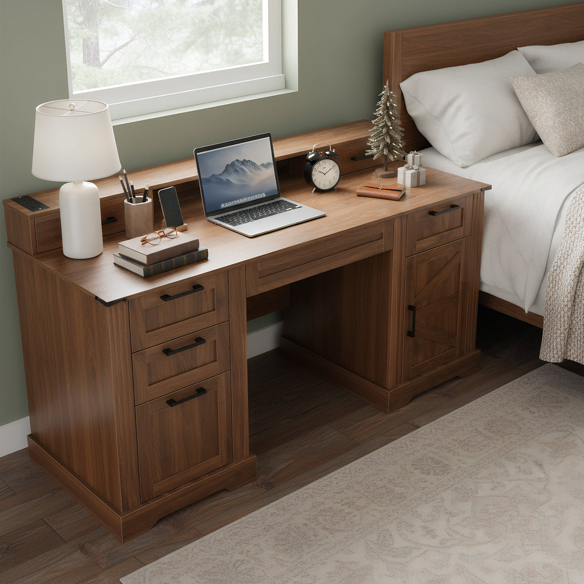 Anthony & Home Atelier dark walnut farmhouse office desk with barn door, built-in monitor stand and charging station, wood finish.