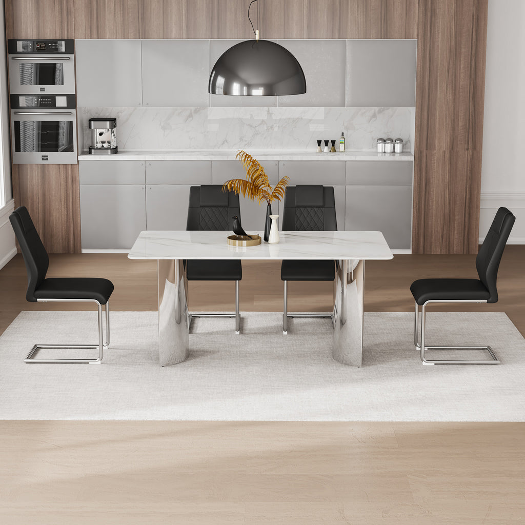 Dining Table And Chair Set With Marble Glass Top And Stainless Steel Legs Black PU Leather Seats Elite