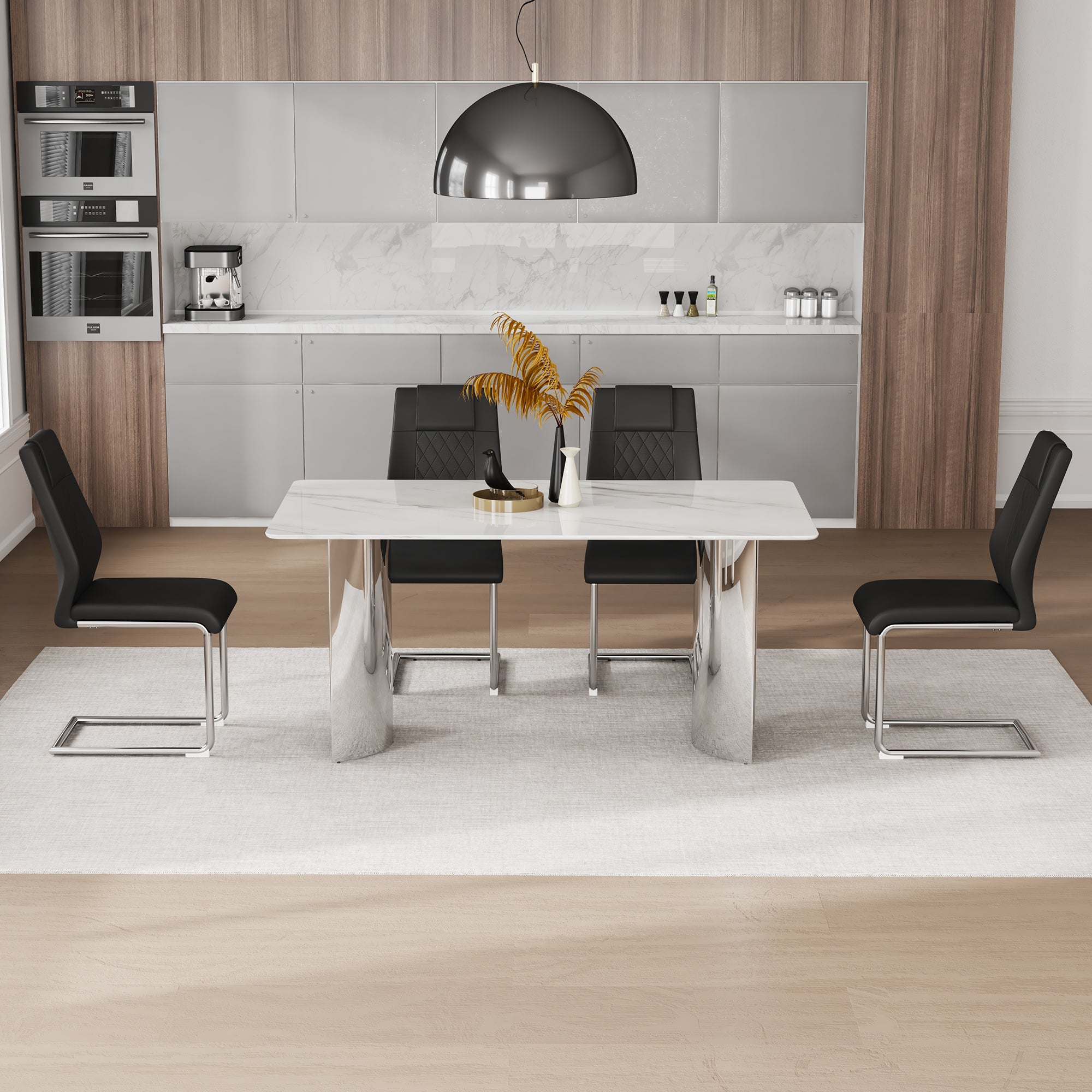 Dining Table And Chair Set With Marble Glass Top And Stainless Steel Legs Black PU Leather Seats Elite