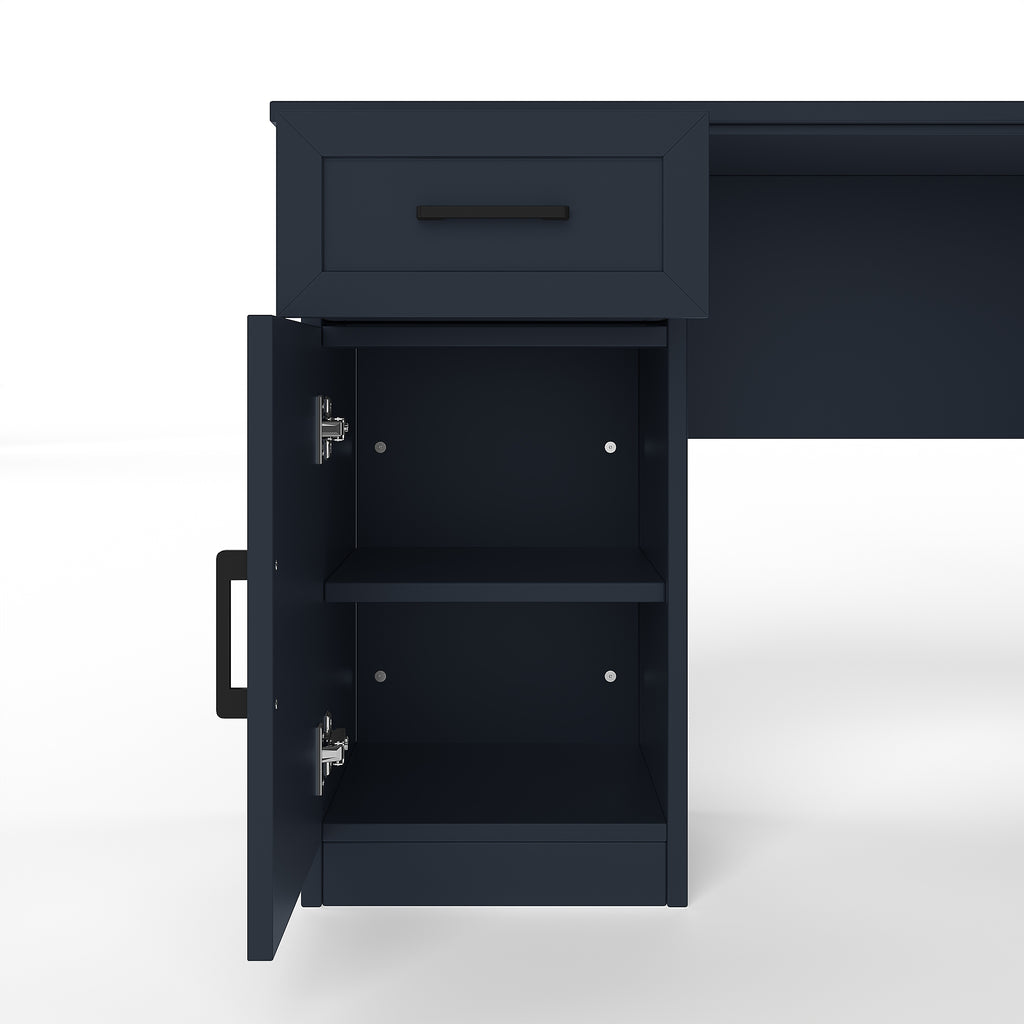 Anthony & Home L-shaped desk with power outlet, 2 cabinets, 2 drawers, 11 shelves, and right flip shelf from the Atelier Collection.