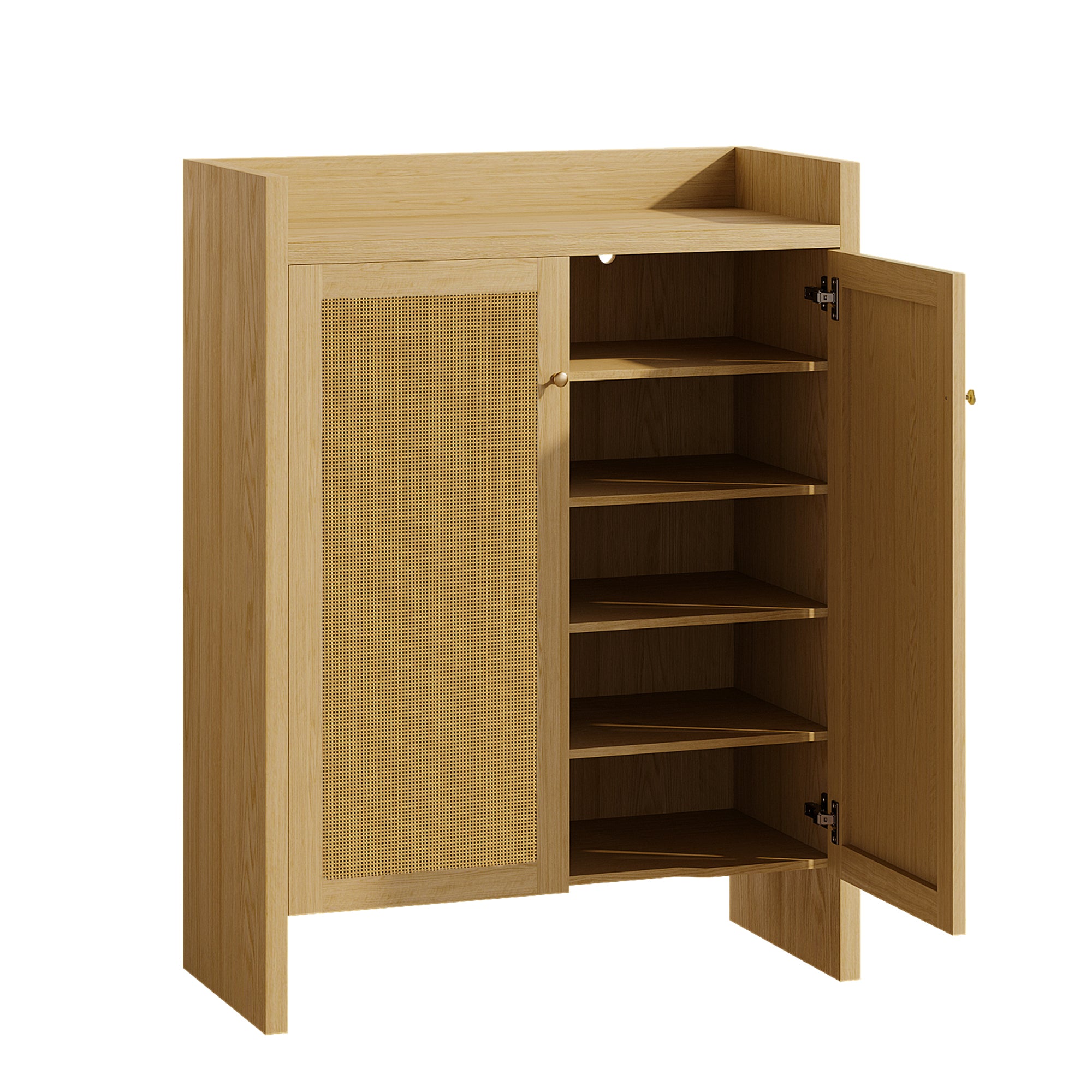 Natural finish rattan shoe cabinet with six-tier wood design from Anthony & Home's Atelier Collection, freestanding storage solution.