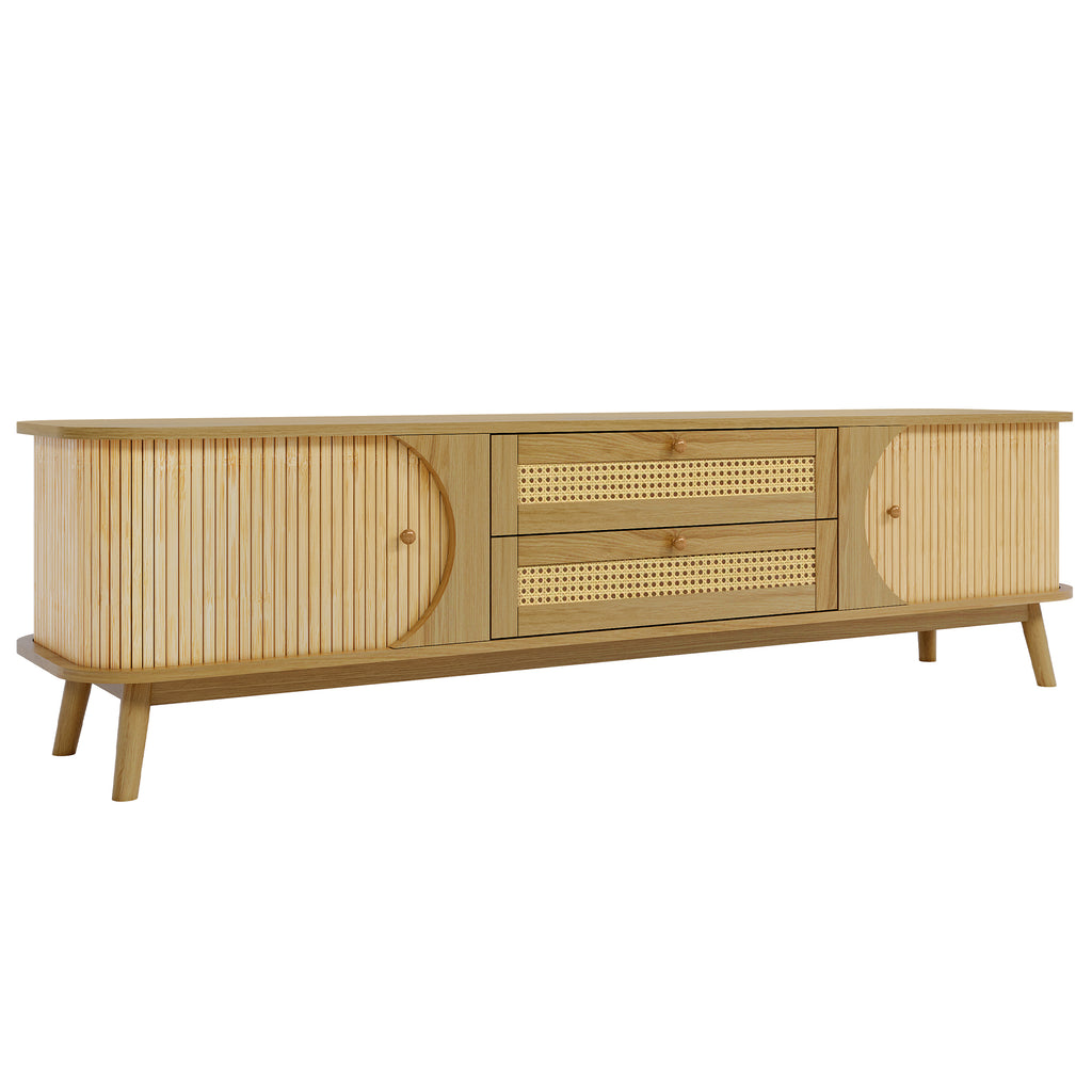 Anthony & Home Rattan Television Console Studio with open shelves and woven rattan accents for a stylish living room display.