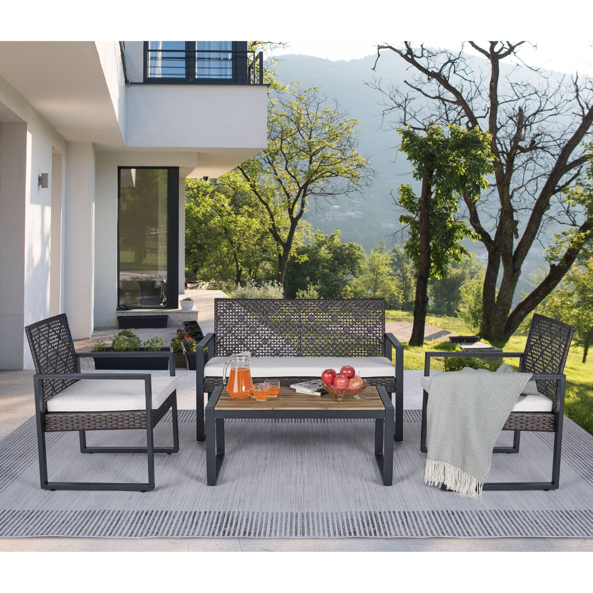 Anthony & Home Signature Acacia wood outdoor patio set with beige cushions, including table and chairs for outdoor dining.