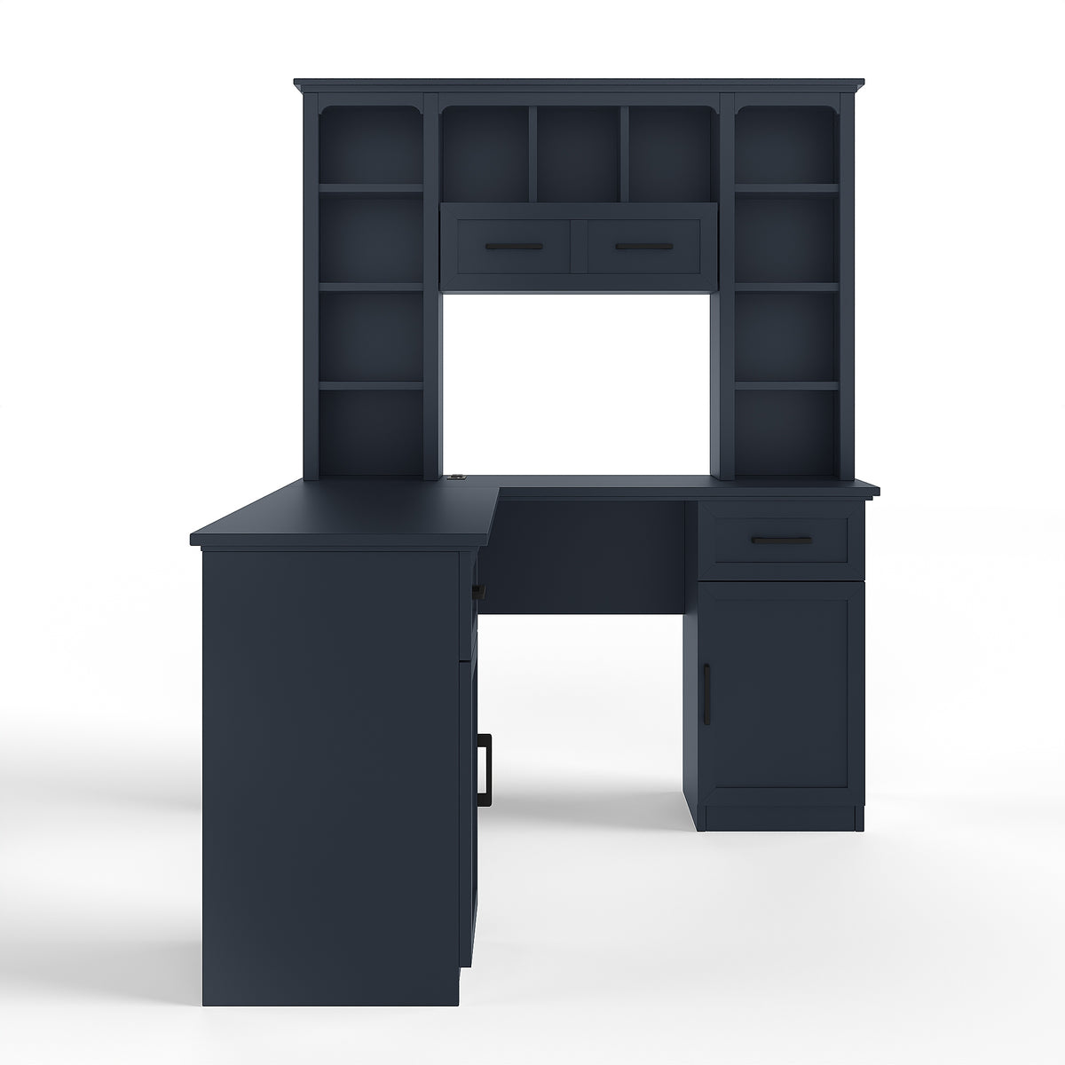 L-shaped desk from Anthony & Home's Atelier Collection with power outlet, 2 cabinets, 2 drawers, 11 shelves, and a right flip shelf.