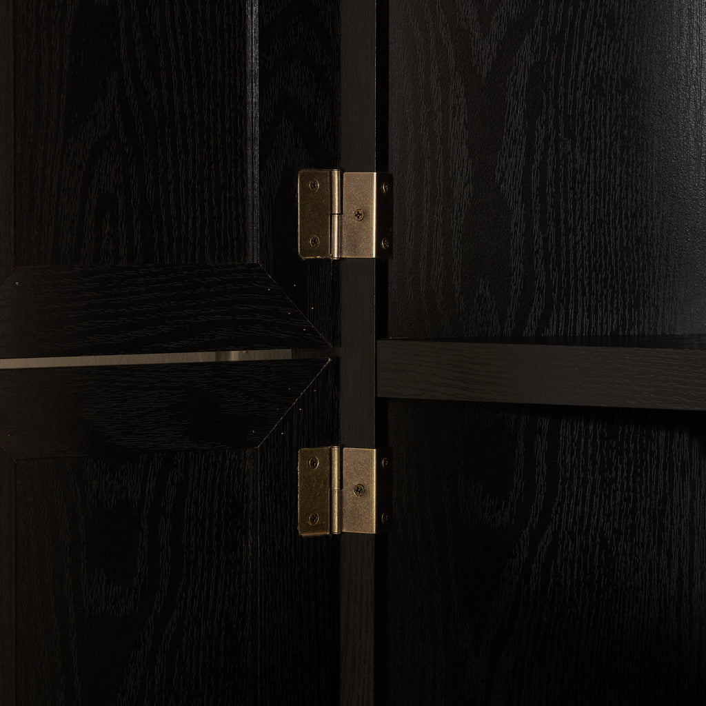 Corner pantry cabinet in matte black finish from Anthony & Home's Studio Collection, showing sleek design and storage shelves.