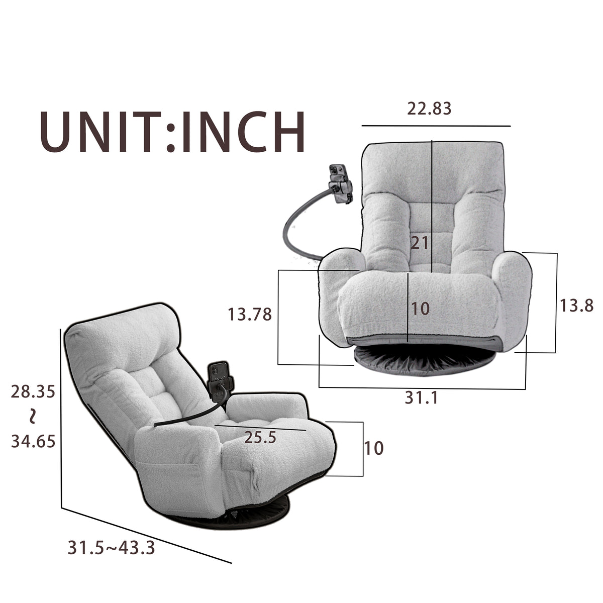 Gray Anthony & Home swivel lounge chair with 360-degree rotation, featuring a modern design and plush cushioning.