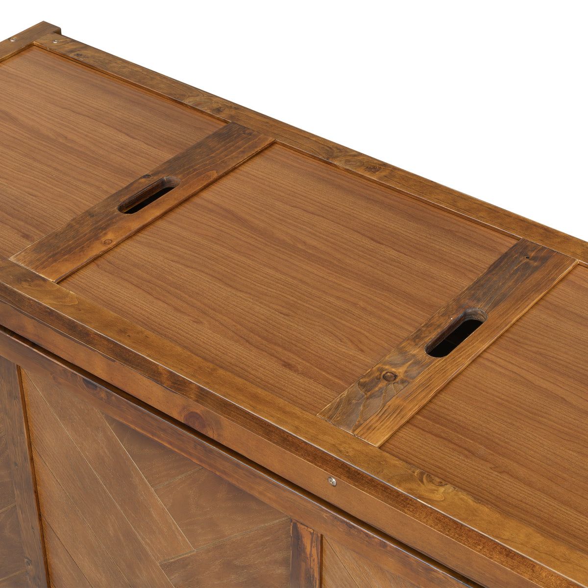 Queen size walnut Murphy bed cabinet with geometric panels, USB charging, from Anthony & Home Studio Collection.