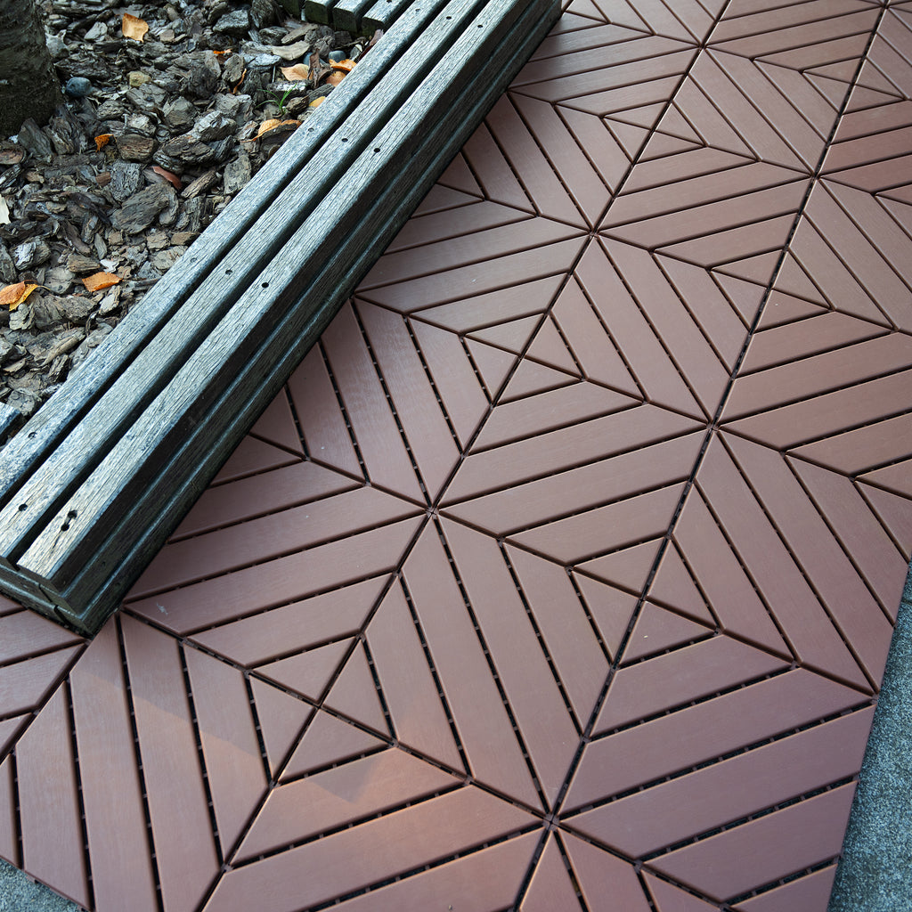 Brown polypropylene interlocking deck tiles by Anthony & Home, showcasing a textured, durable outdoor flooring surface.