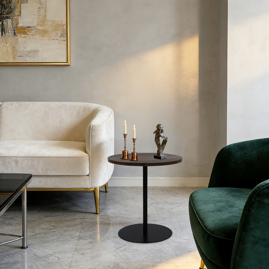Set of 2 walnut round side tables with black metal pedestal bases featuring concentric design, by Anthony & Home.