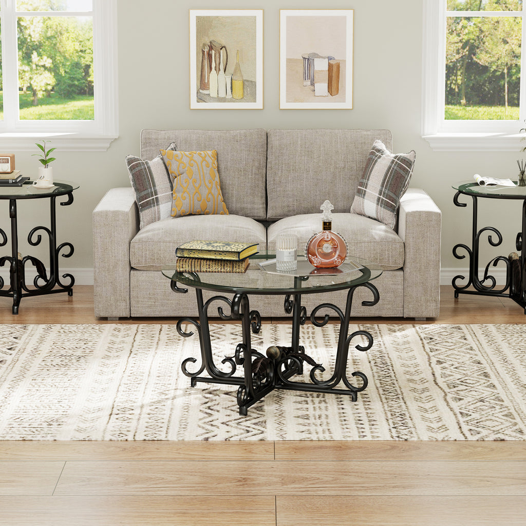 Anthony & Home three-piece coffee table set with round tempered glass tops and black metal frames, 31.5 inches in diameter