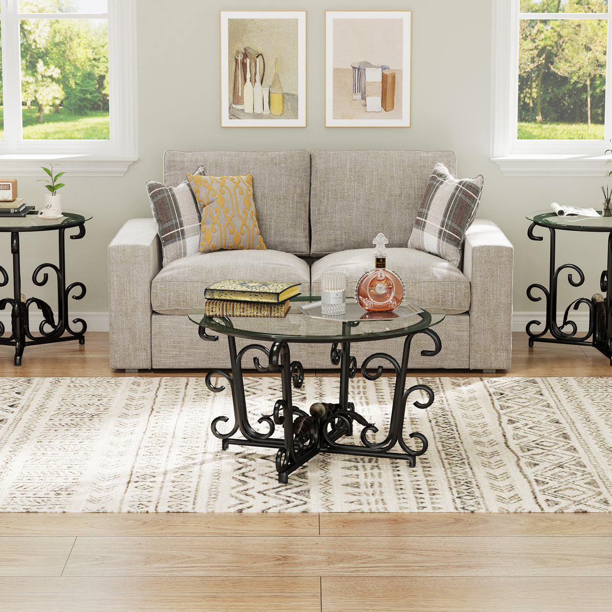 Anthony & Home three-piece coffee table set with round tempered glass tops and black metal frames, 31.5 inches in diameter