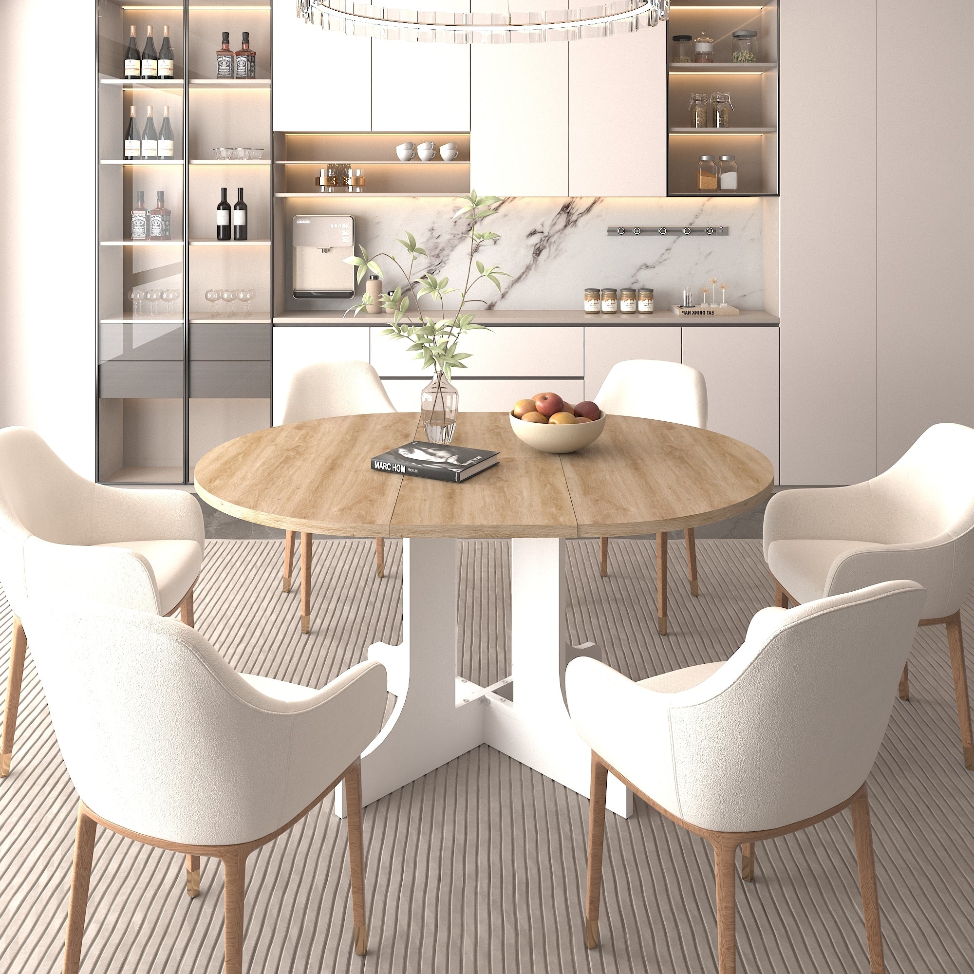 Oval expandable dining table in white oak laminate finish by Anthony & Home, showcasing its sleek, modern design.