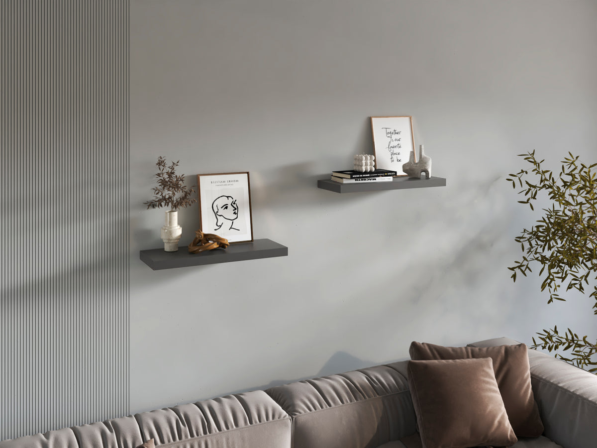 Anthony & Home Studio two-tier floating shelves with matte gray finish, showcasing modern wall-mounted storage and display space.