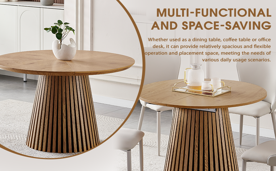 Round solid wood dining table from Anthony & Home's Atelier Collection, featuring a smooth wooden surface and sturdy legs.