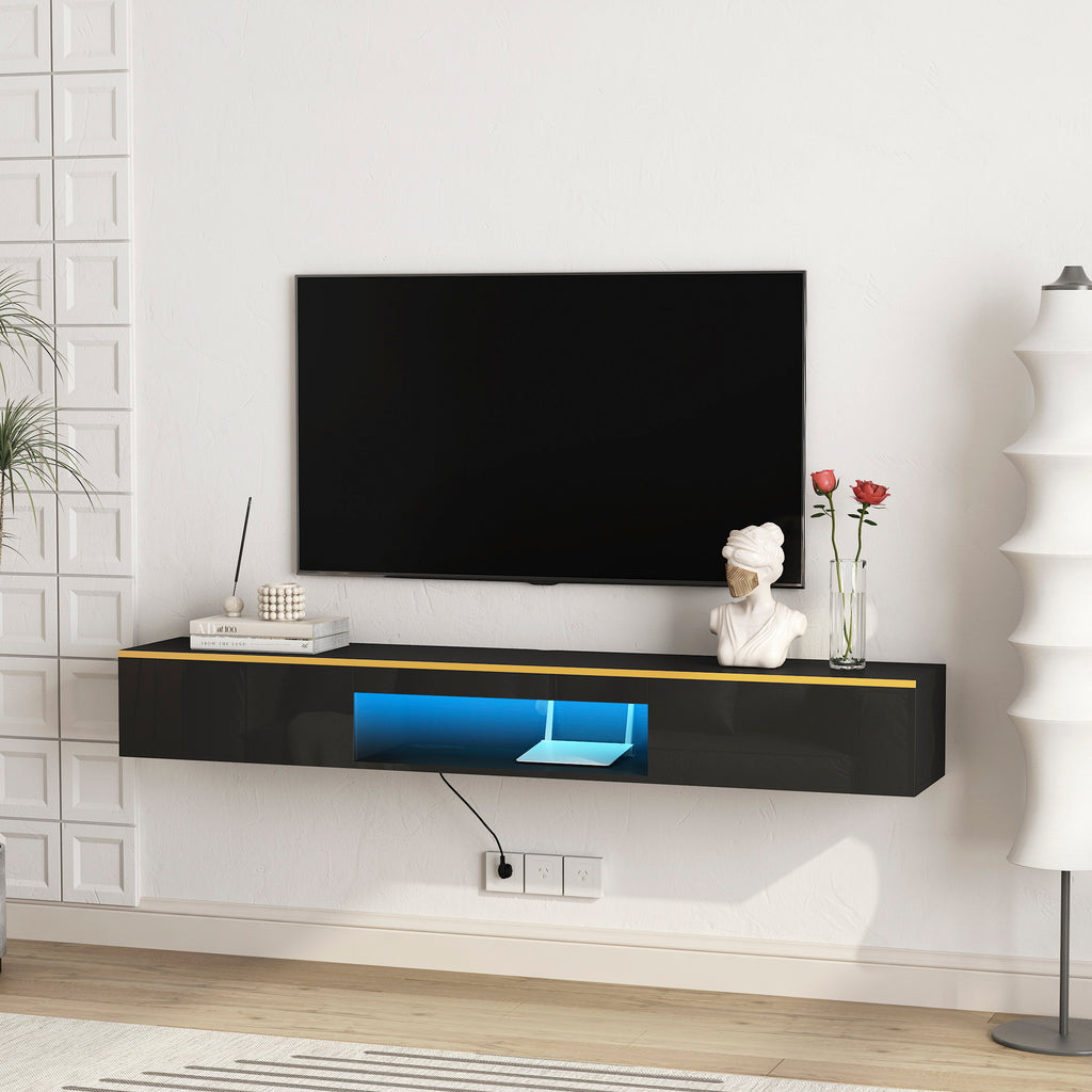 Floating Wall Mounted TV Stand With 16 Color LEDs Black