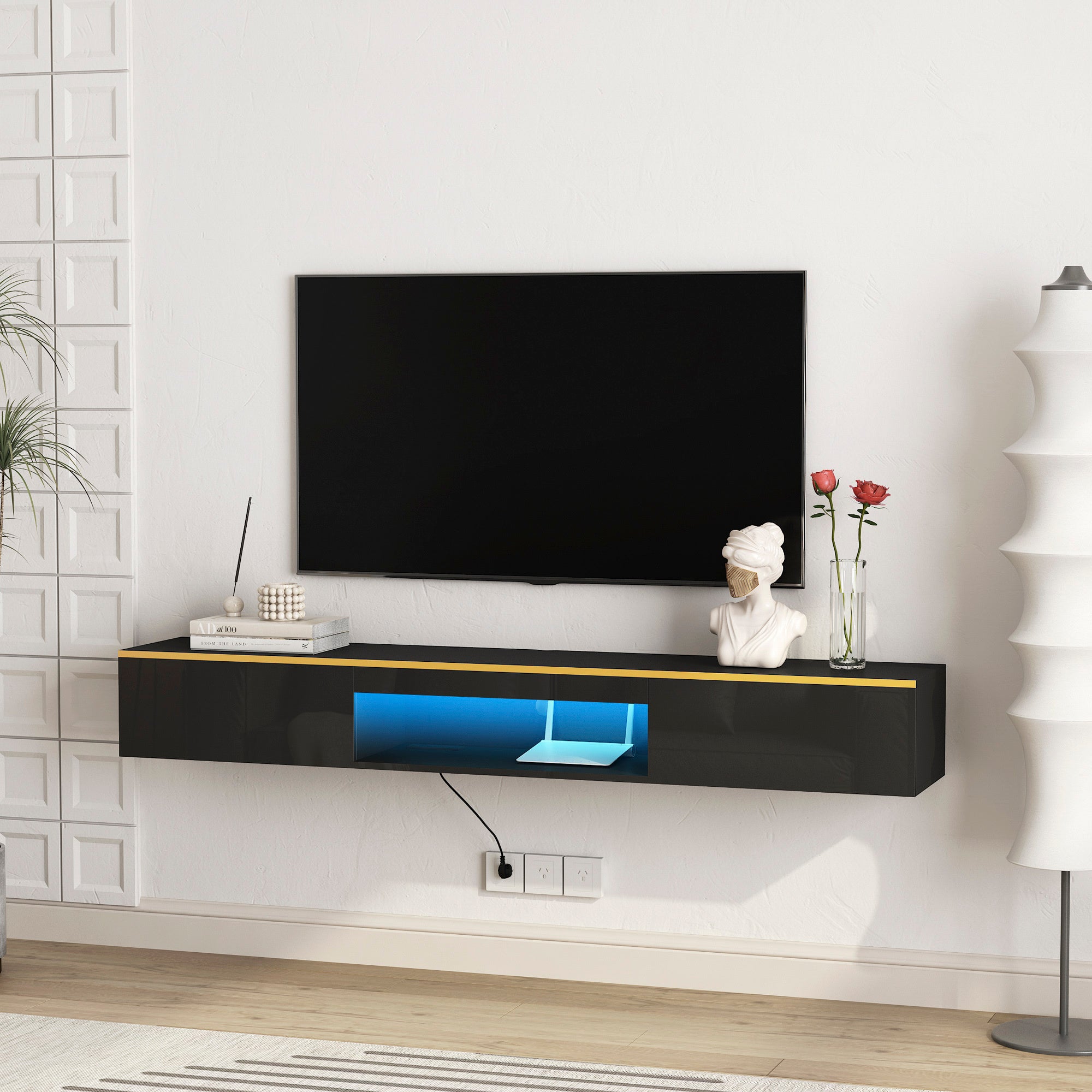 Floating Wall Mounted TV Stand With 16 Color LEDs Black