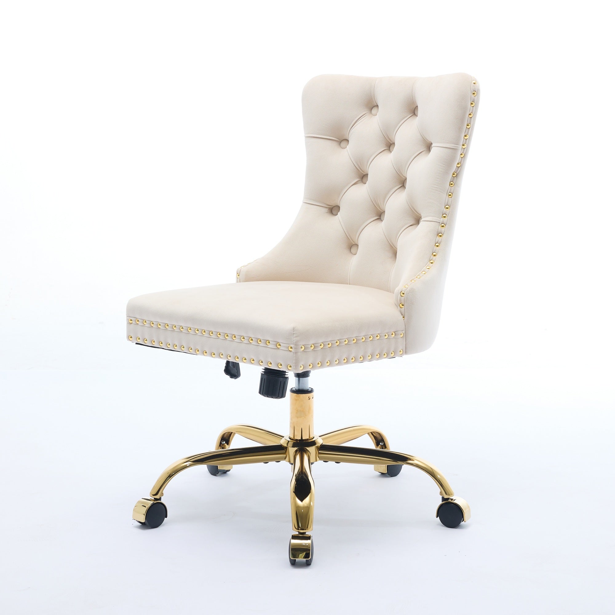 Beige velvet tufted office chair by Anthony & Home with adjustable height, swivel base, and ergonomic design.