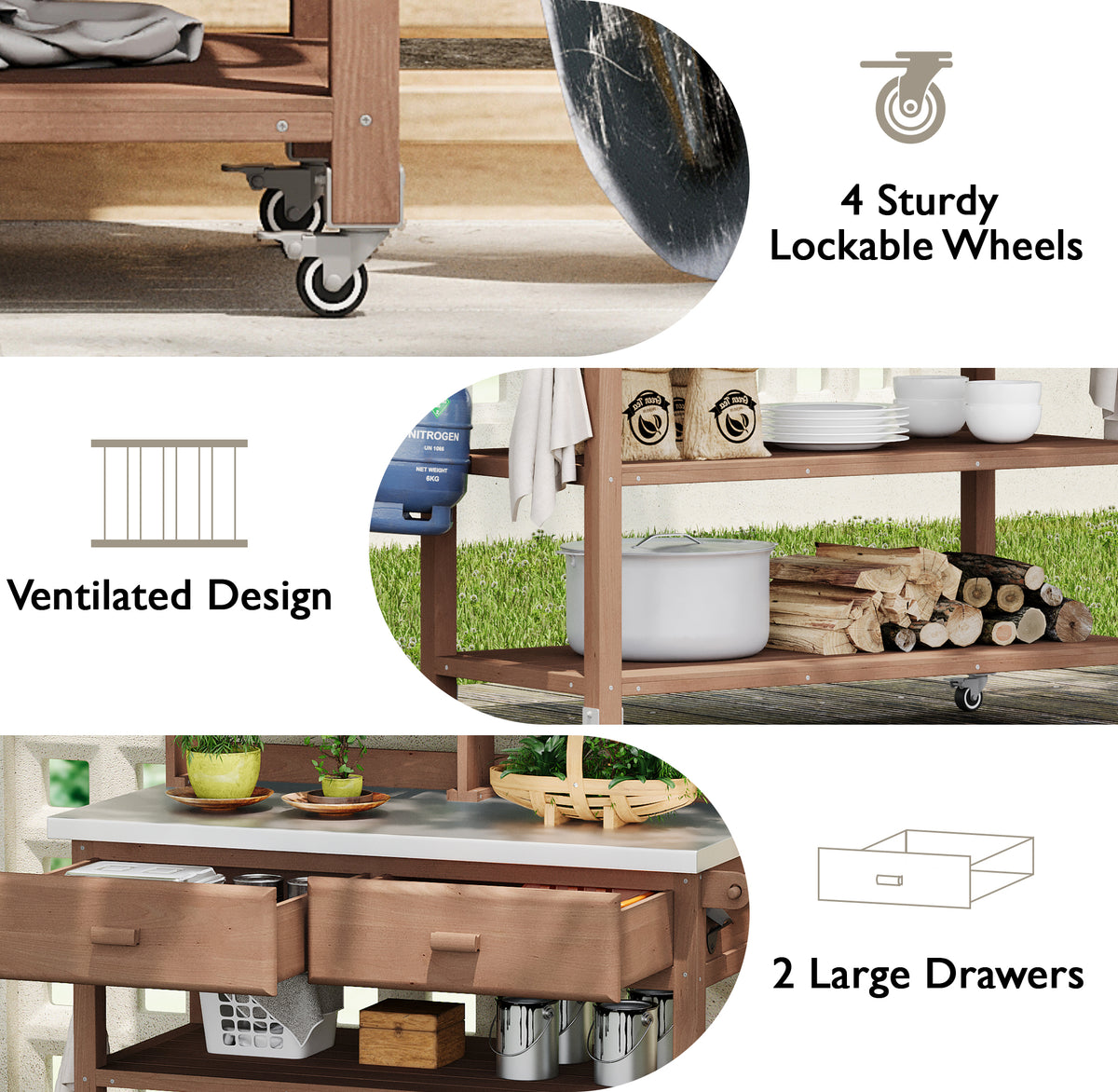Anthony & Home outdoor potting bench with stainless steel top, featuring a durable and stylish garden workspace.