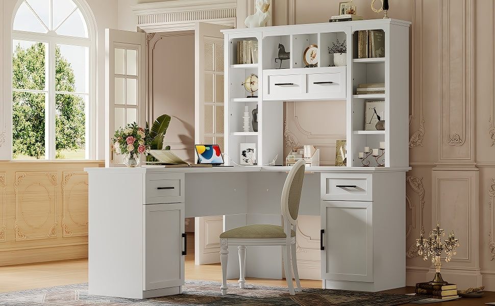 White matte finish L-shaped desk with built-in cabinets and shelving from Anthony & Home's Signature Collection.