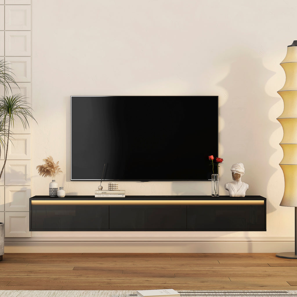 Floating Wall Mounted TV Stand With LED Lights Black