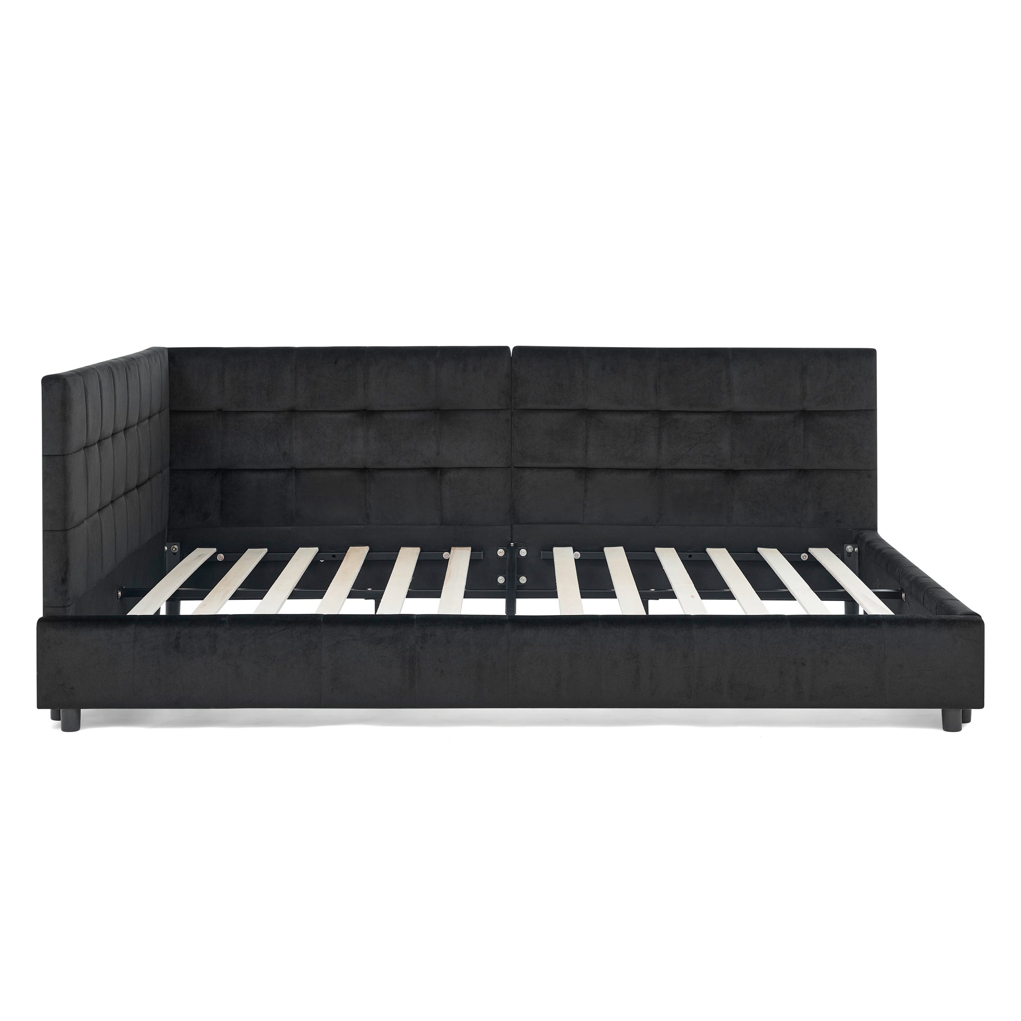 Full-size black Atelier Velvet Tufted Bed Frame by Anthony & Home with plush upholstered headboard and tufted detailing.