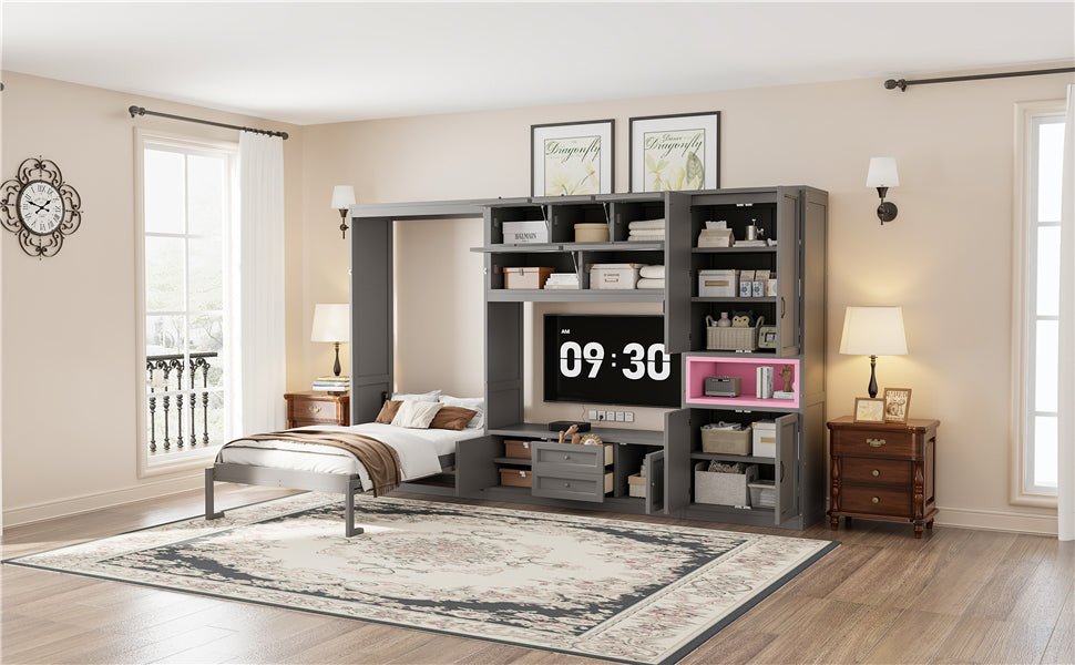 Gray solid wood Atelier Murphy Bed TV stand with built-in drawers by Anthony & Home, showcasing a modern, space-saving design.