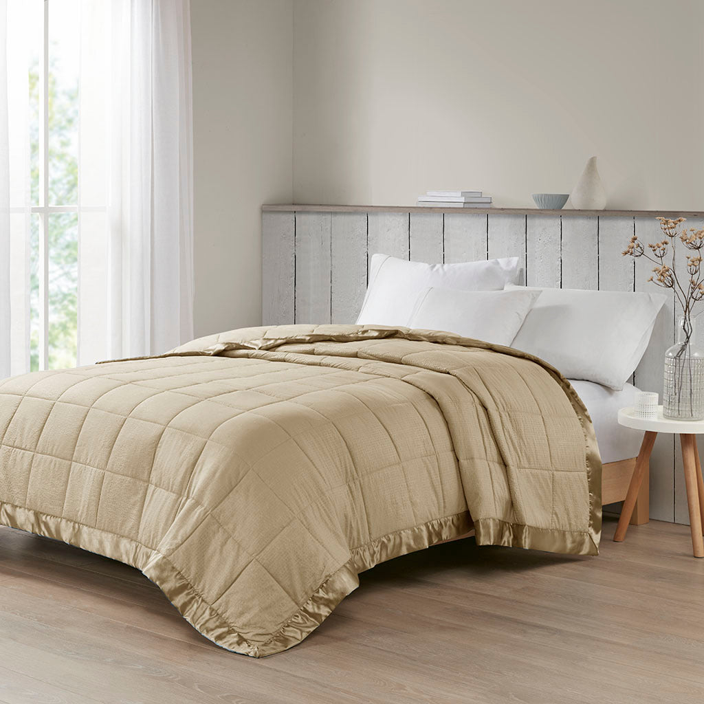 Taupe satin-trim oversized king blanket by Anthony & Home, showcasing soft fabric and elegant satin border.