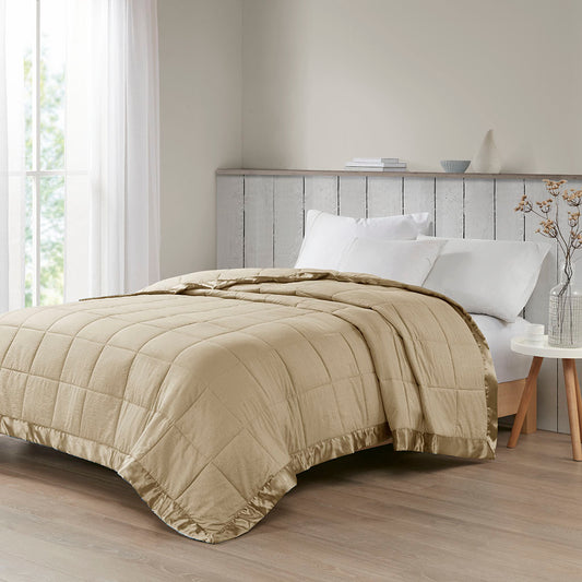 Taupe satin-trim oversized king blanket by Anthony & Home, showcasing soft fabric and elegant satin border.