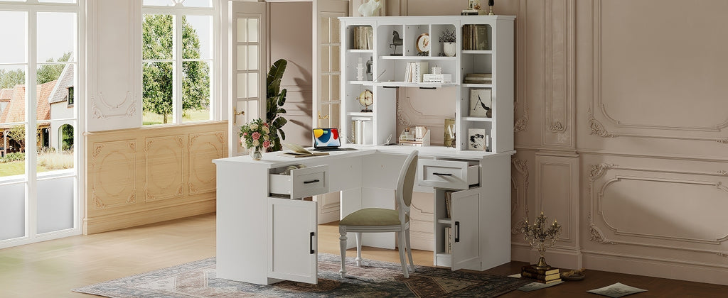 White matte L-shaped desk with built-in cabinets and shelving from Anthony & Home Signature Collection.