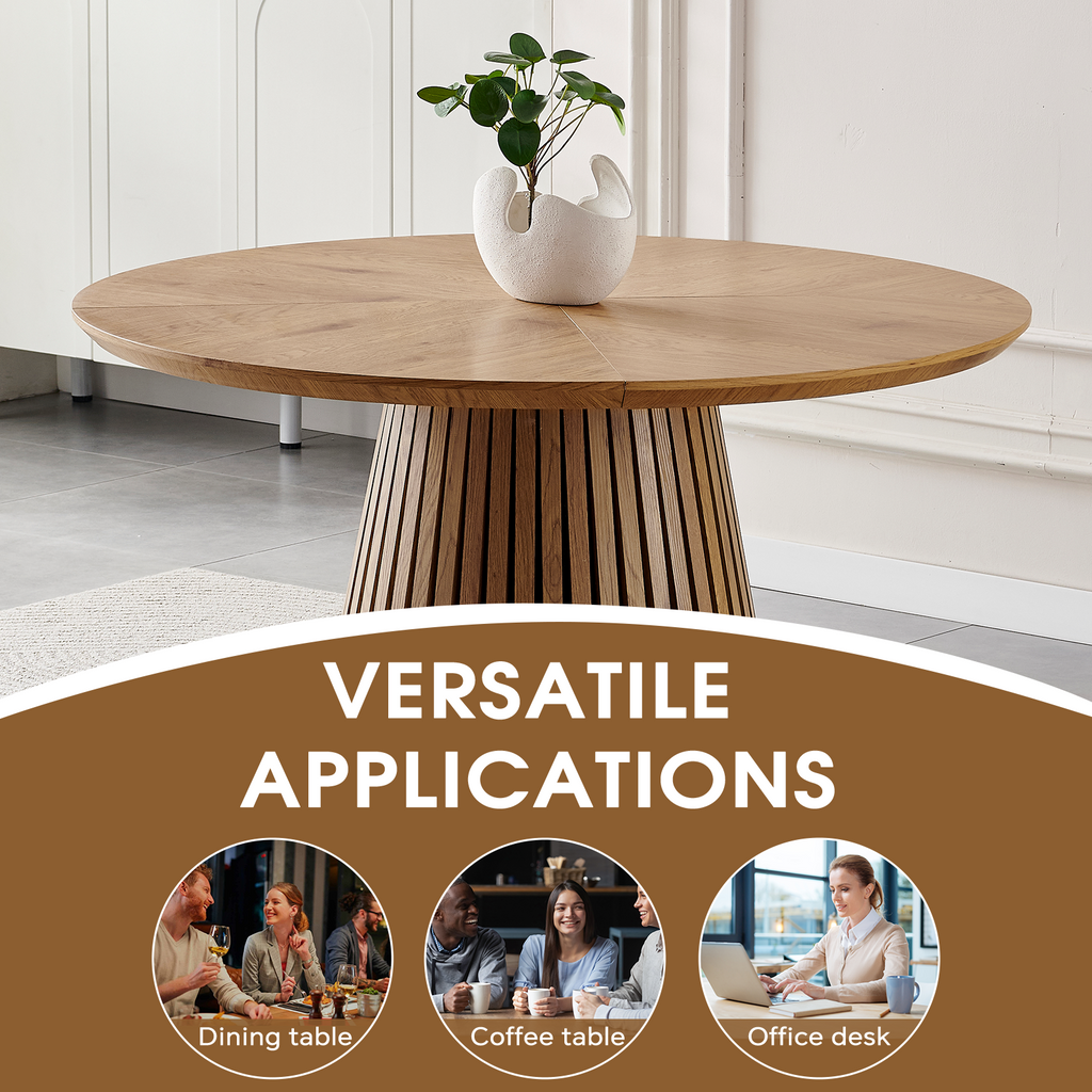 Round solid wood dining table from the Atelier Collection by Anthony & Home, showcasing a smooth wood surface and sturdy legs.