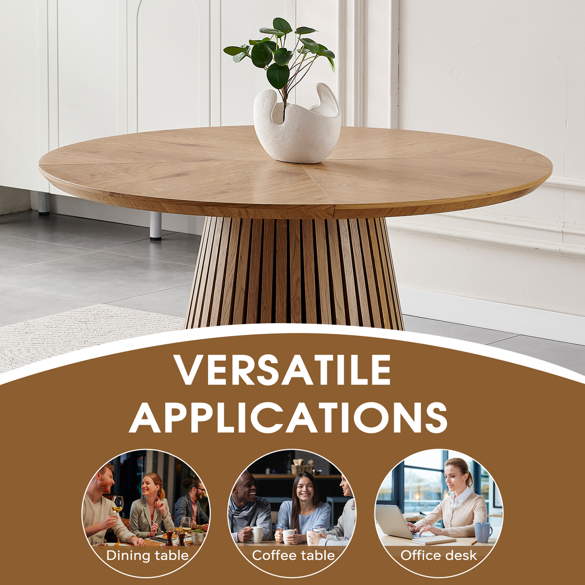 Round solid wood dining table from the Atelier Collection by Anthony & Home, showcasing a smooth wood surface and sturdy legs.