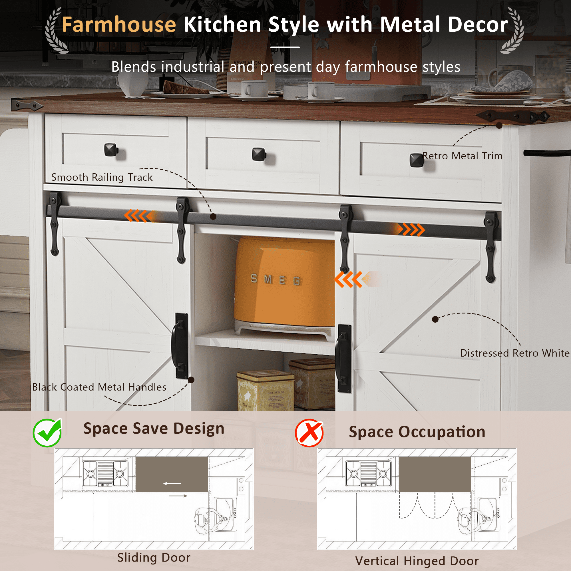 Anthony & Home farmhouse kitchen island with wood-grain top, featuring spacious surface and sturdy wooden frame for farmhouse style decor.