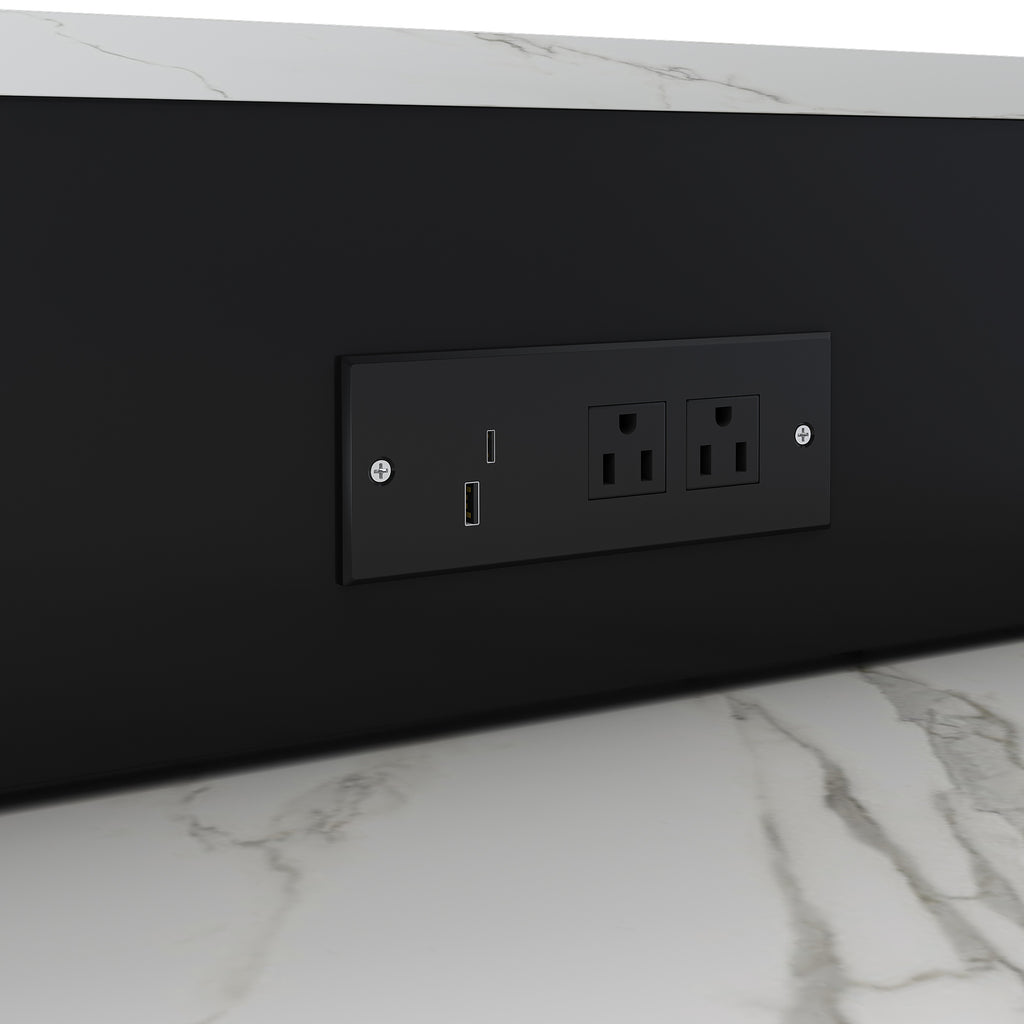 Black Expandable Kitchen Island with Marble - Grain Countertop, Power Outlet, Mobile Storage Cart with Cabinet & 2 Drawers, 80 - Inch Dining Table - Anthony & Home