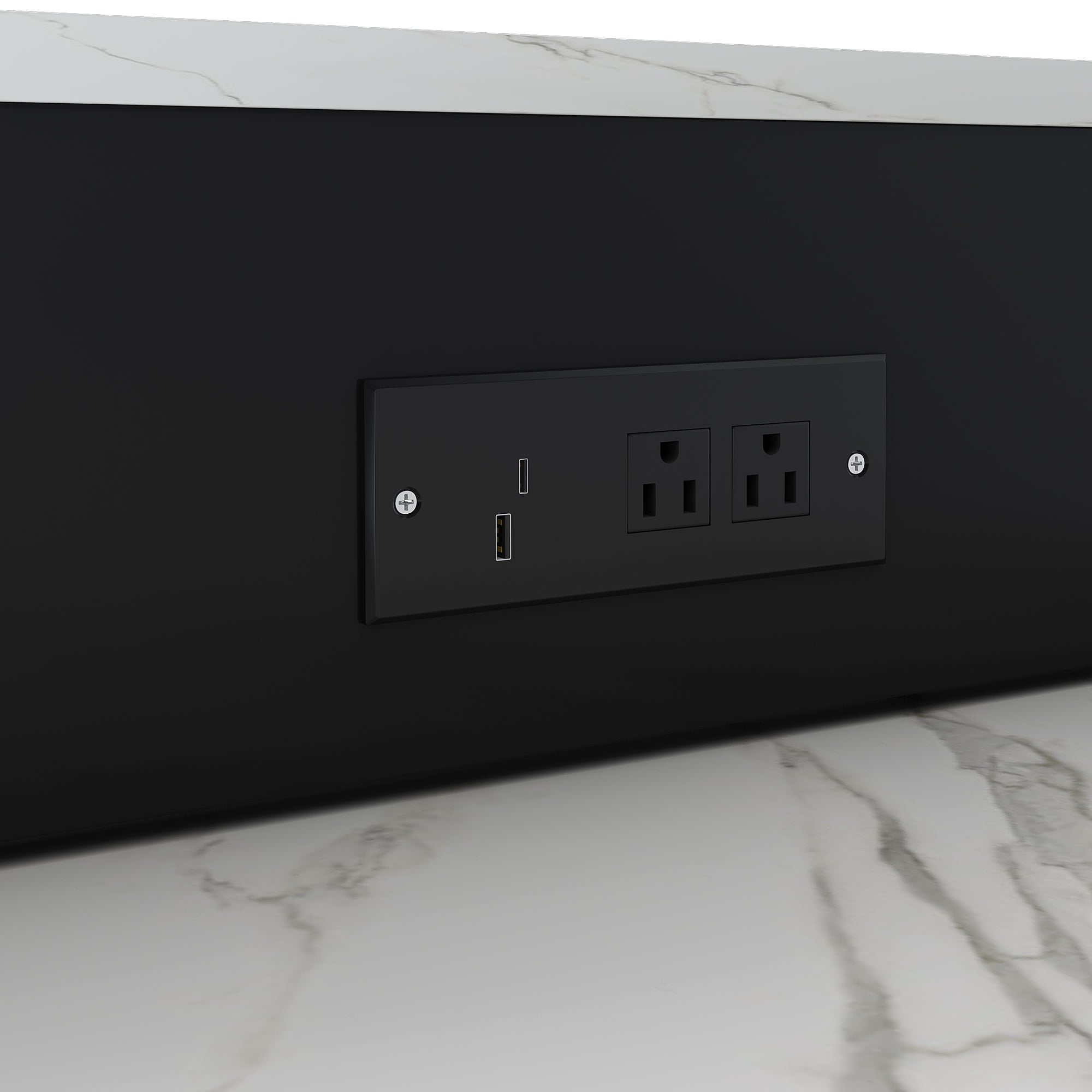 Black Expandable Kitchen Island with Marble - Grain Countertop, Power Outlet, Mobile Storage Cart with Cabinet & 2 Drawers, 80 - Inch Dining Table - Anthony & Home