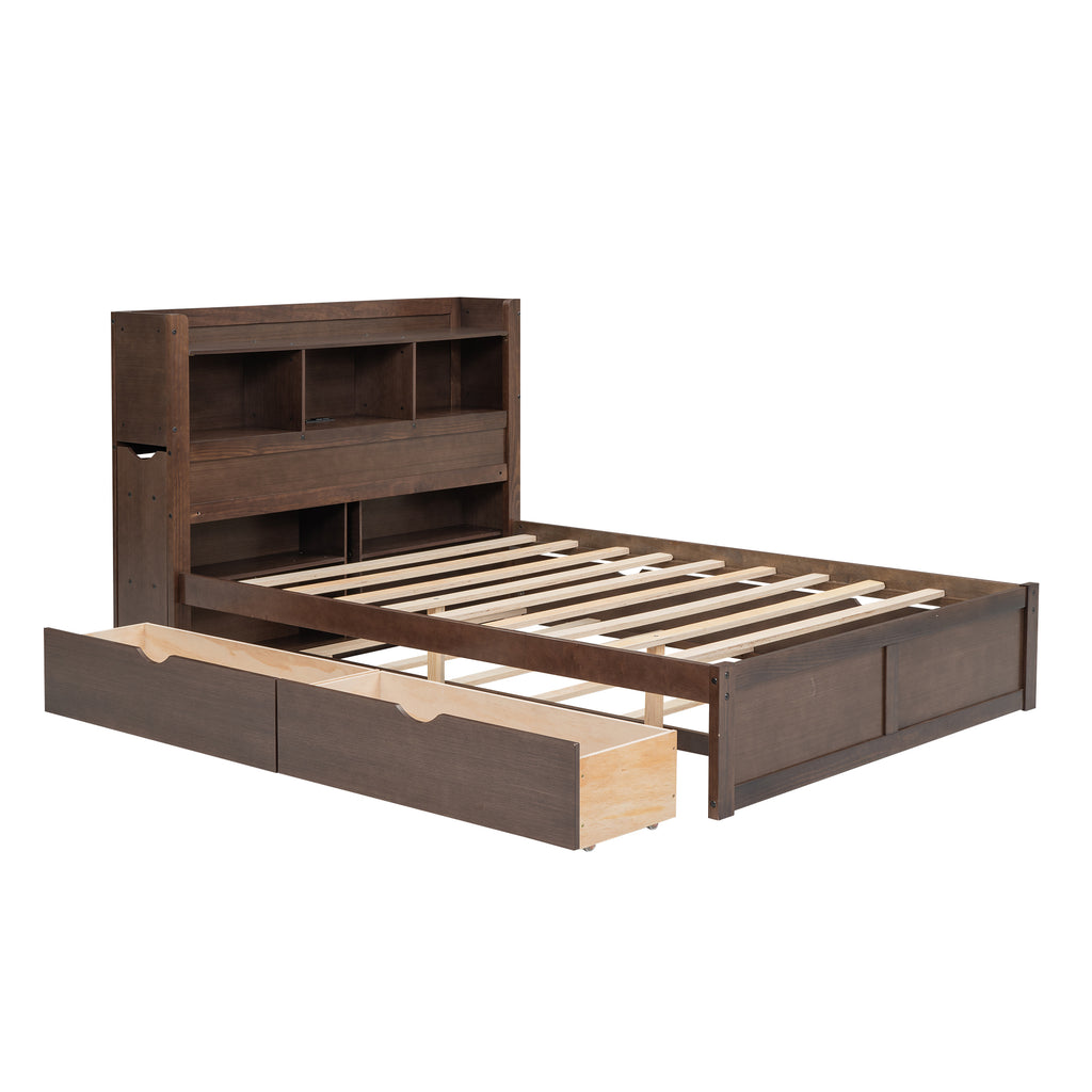 Espresso Solid Wood Platform Bed With Pull Out Shelves Twin Trundle And Two Drawers Full Size Luxe Collection