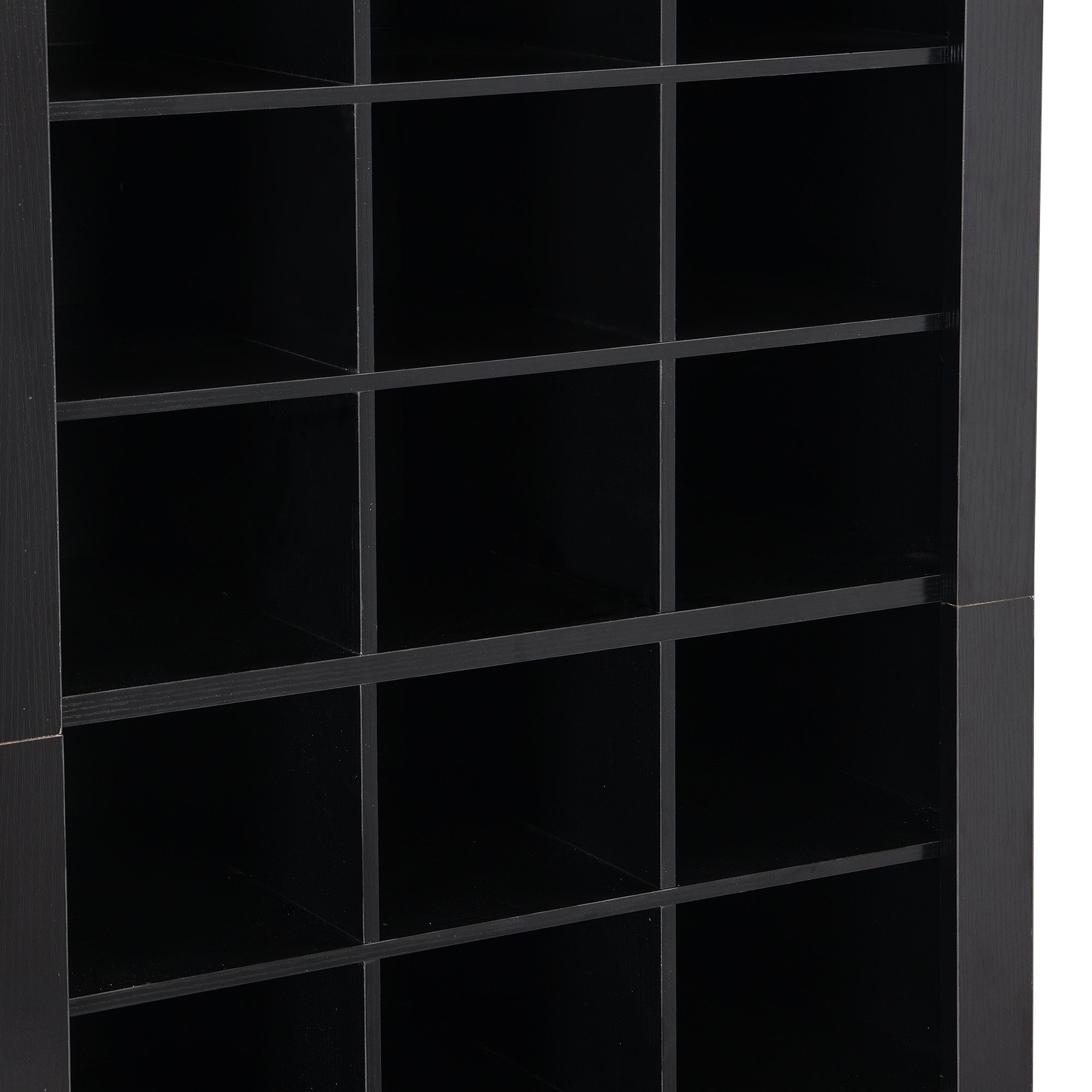 Anthony & Home On Trend Signature Shoe Cubby Console in black veneer with 30 compartments, shown with organized shoes.