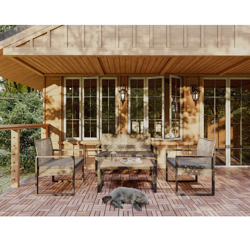Acacia wood outdoor 4-piece studio dining set by Anthony & Home, including table and chairs, on a patio setting.