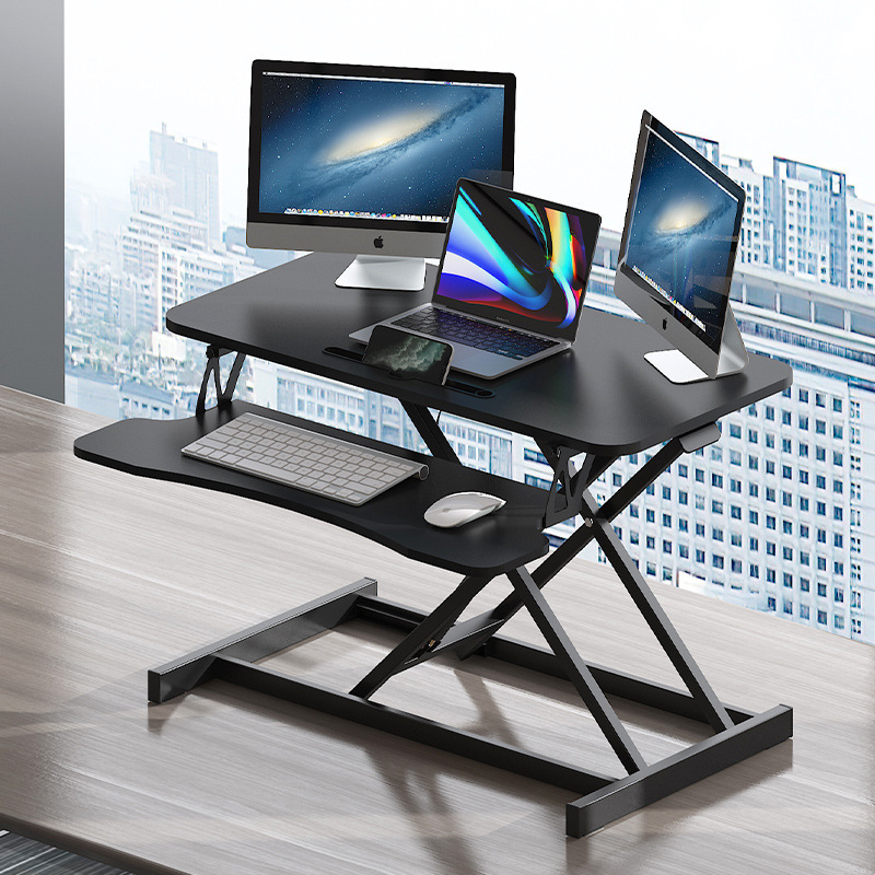 Anthony & Home 32-inch aluminum desk converter with dual monitor tray, adjustable height and sturdy workspace for ergonomic setup.