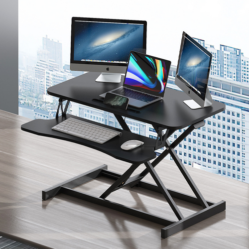 Anthony & Home 32-inch aluminum desk converter with dual monitor tray, adjustable height and sturdy workspace for ergonomic setup.