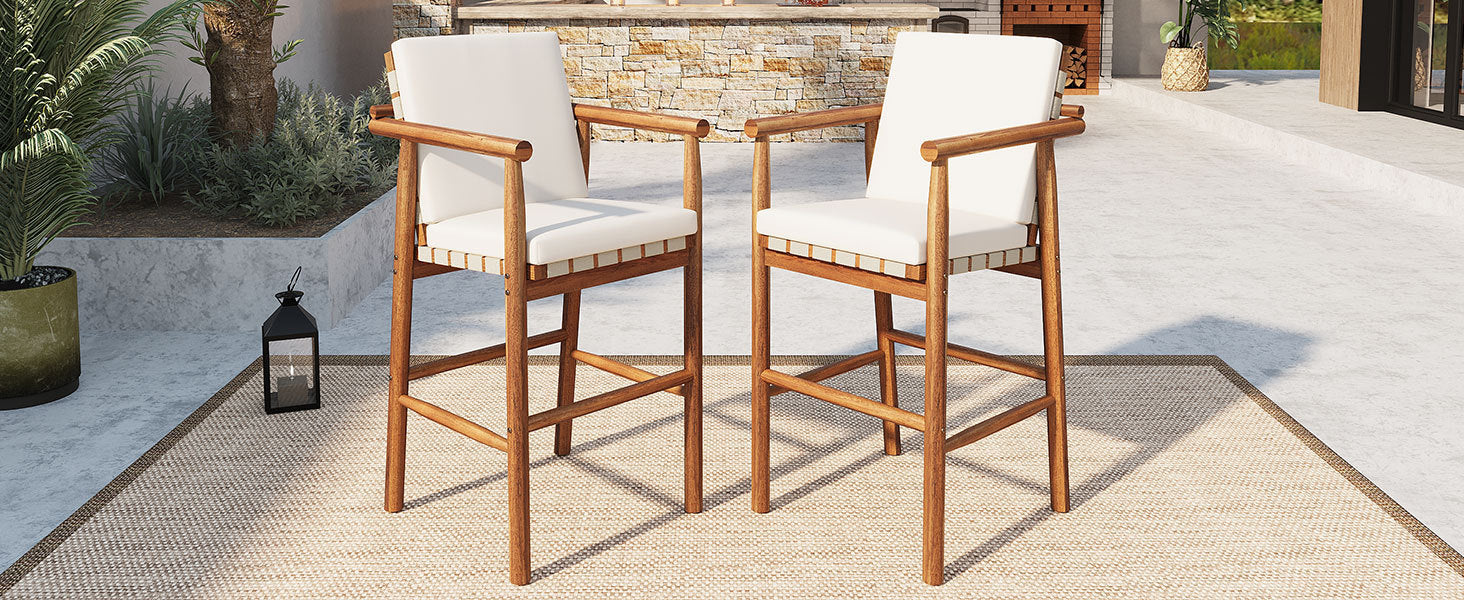 Pair of Anthony & Home acacia outdoor counter stools with backrests, set of 2, featuring sturdy wood construction and comfortable seating