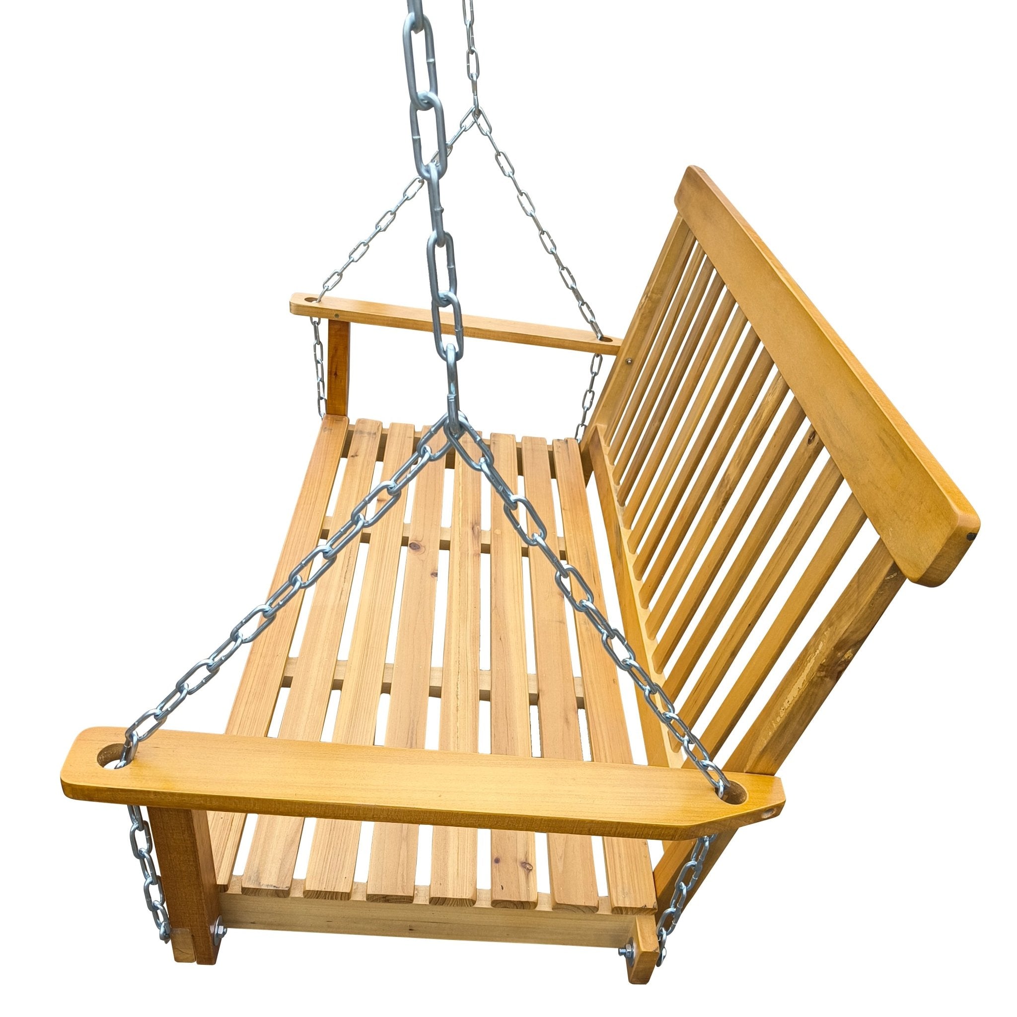 Anthony & Home teak wood porch swing with armrests, hanging chains, and outdoor design from the Heritage Outdoor Collection.