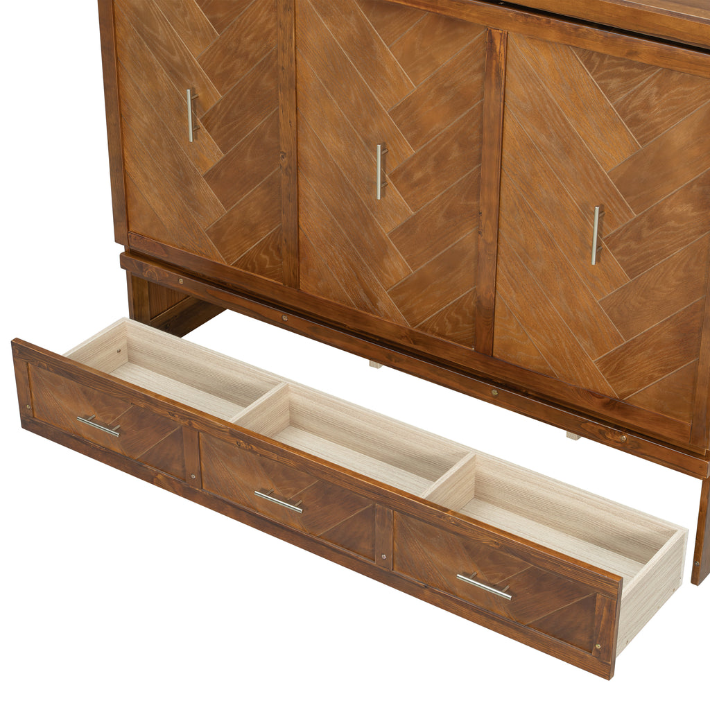 Queen size walnut Murphy bed with geometric panel, USB charging station, from Anthony & Home Studio Collection.