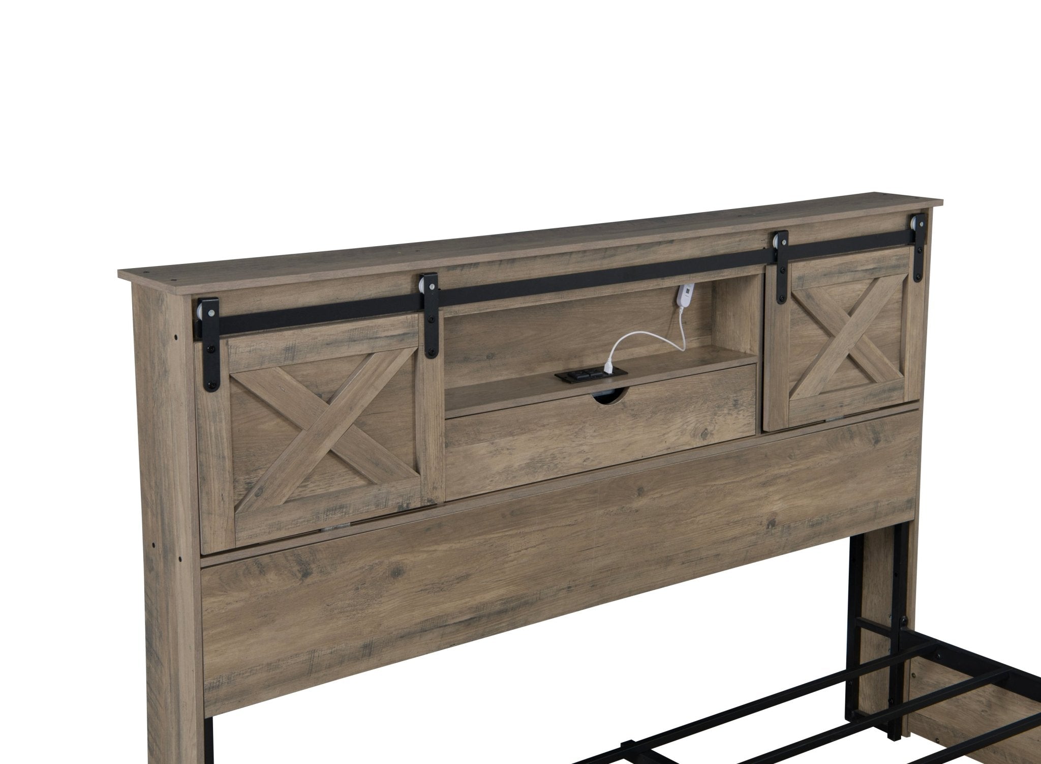 Queen farmhouse bed frame by Anthony & Home in grey rustic wood with LED lighting, charging station, and storage drawers.