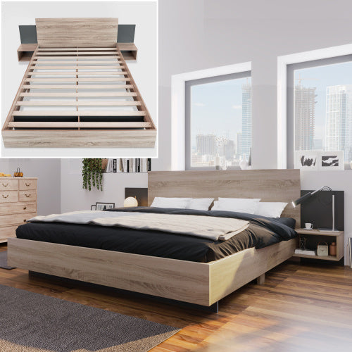 Oak Sonoma Dark Gray Wooden Double Bed With Two Nightstands