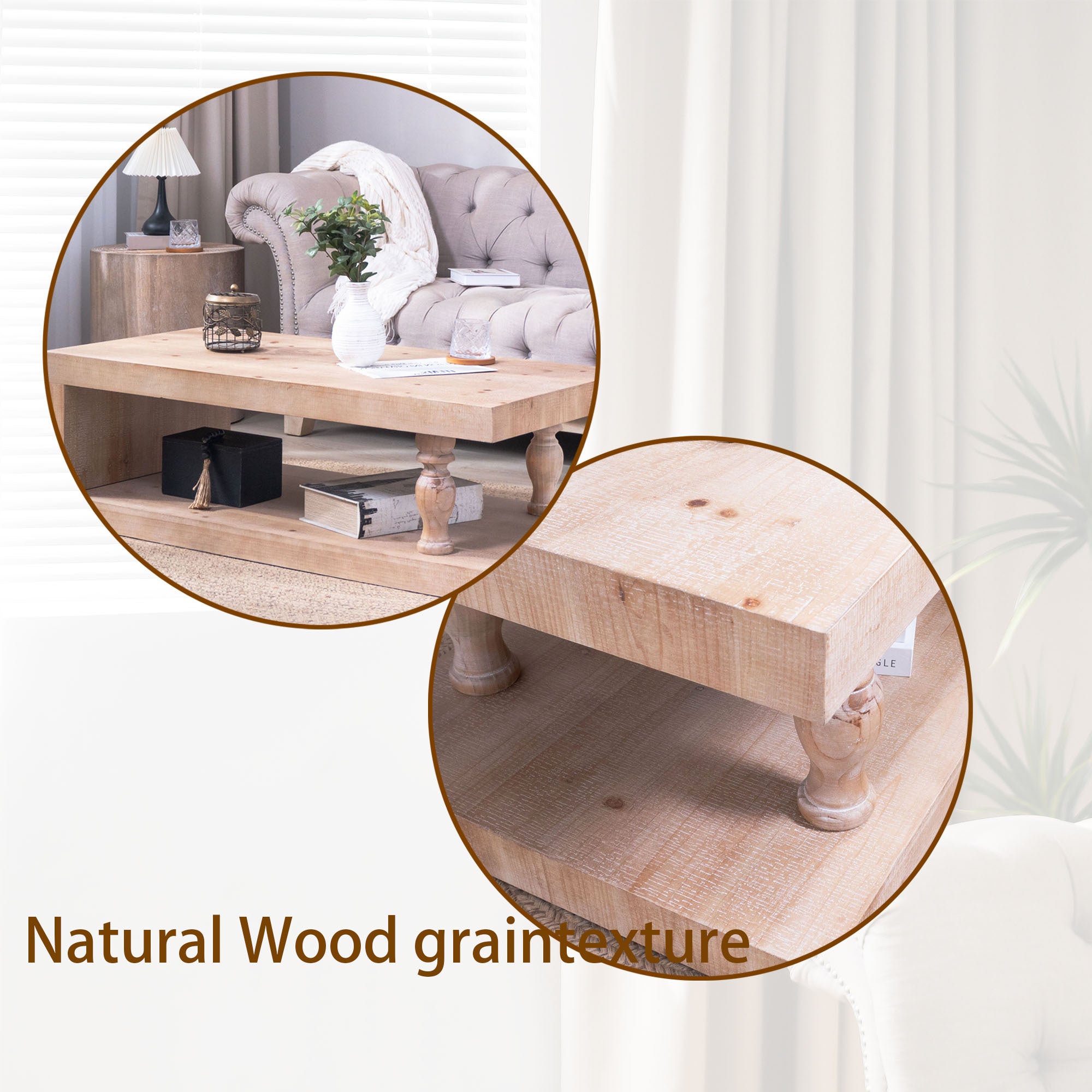 Solid wood coffee table with light natural finish and open shelf from Anthony & Home's modern farmhouse collection.