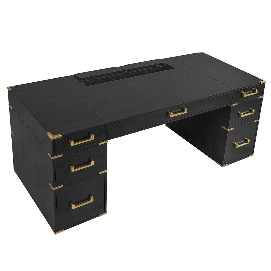 Executive desk with Signature metal edge trim by Anthony & Home, showcasing sleek metal detailing on the desk surface.